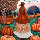 Vintage Dresses and Pumpkins: Autumnal Illustration with Women, Tree, Butterflies, and Houses