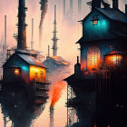 Dystopian cityscape artwork with illuminated buildings and industrial smokestacks in twilight.