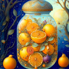 Colorful Illustration: Glass Jar with Oranges in Forest Setting