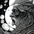 Monochromatic bearded man profile with celestial patterns.