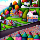 Colorful Stylized Houses in Whimsical Landscape