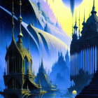 Fantasy landscape with ornate spire-filled architecture & vibrant blue hues