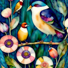 Colorful Birds Perched on Branches in Vibrant Floral Scene