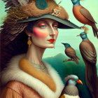 Colorful portrait of woman with intricate hat and vibrant birds