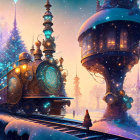 Person beside ornate steampunk train in snowy twilight.