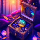 Mystical open box in forest glows with ornate sphere and floating lanterns amid purple trees