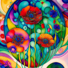 Colorful psychedelic poppy art on multicolored backdrop