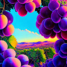 Stylized image of purple grapes in vineyard landscape