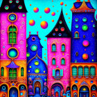 Whimsical illustration of vibrant, stylized houses under starry sky