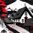 Monochrome village illustration with red accents and mountain backdrop