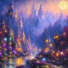 Fantasy landscape at night with glowing trees, foggy castles, river, lanterns, moon