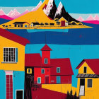 Colorful Landscape Painting with Houses, Lake, and Mountains