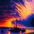 Dramatic orange and purple sunset over sailboats on calm water