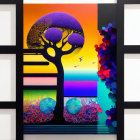 Colorful Abstract Artwork: Silhouette Tree, Geometric Shapes, Face Profile & Mountain Landscape