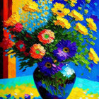 Colorful painting of blue vase & flowers on vibrant background