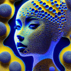 Digital artwork: Woman's face with dotted yellow and blue skin tones, surrounded by spheres on navy blue