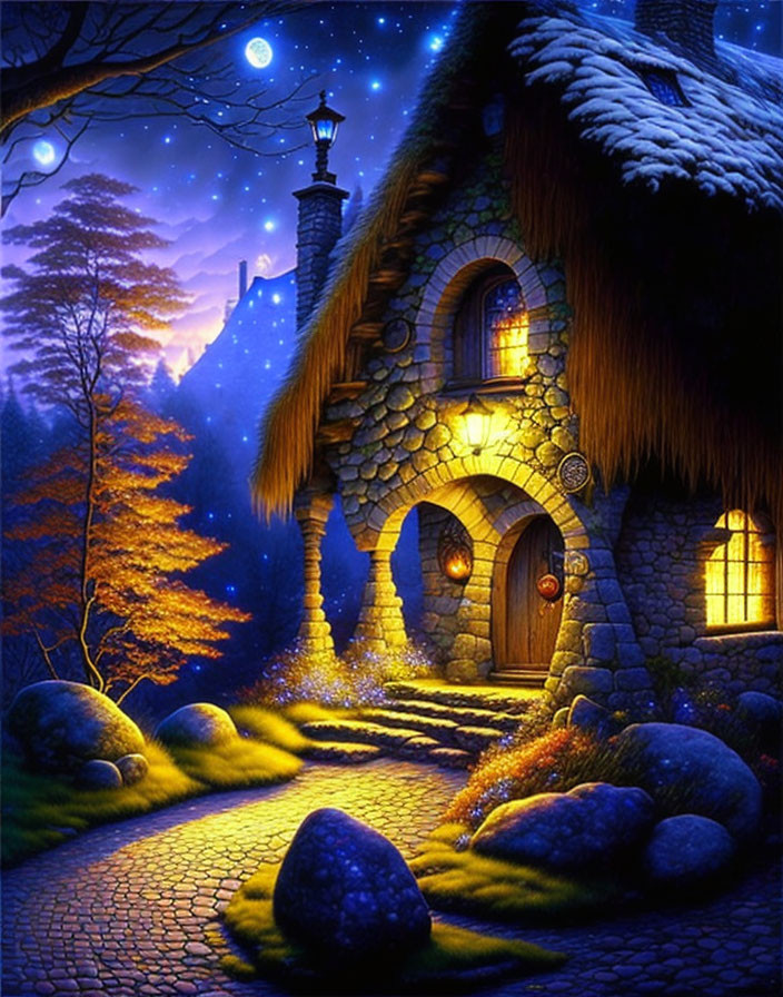 Stone cottage with thatched roof in serene night setting with glowing lamp post and starry sky