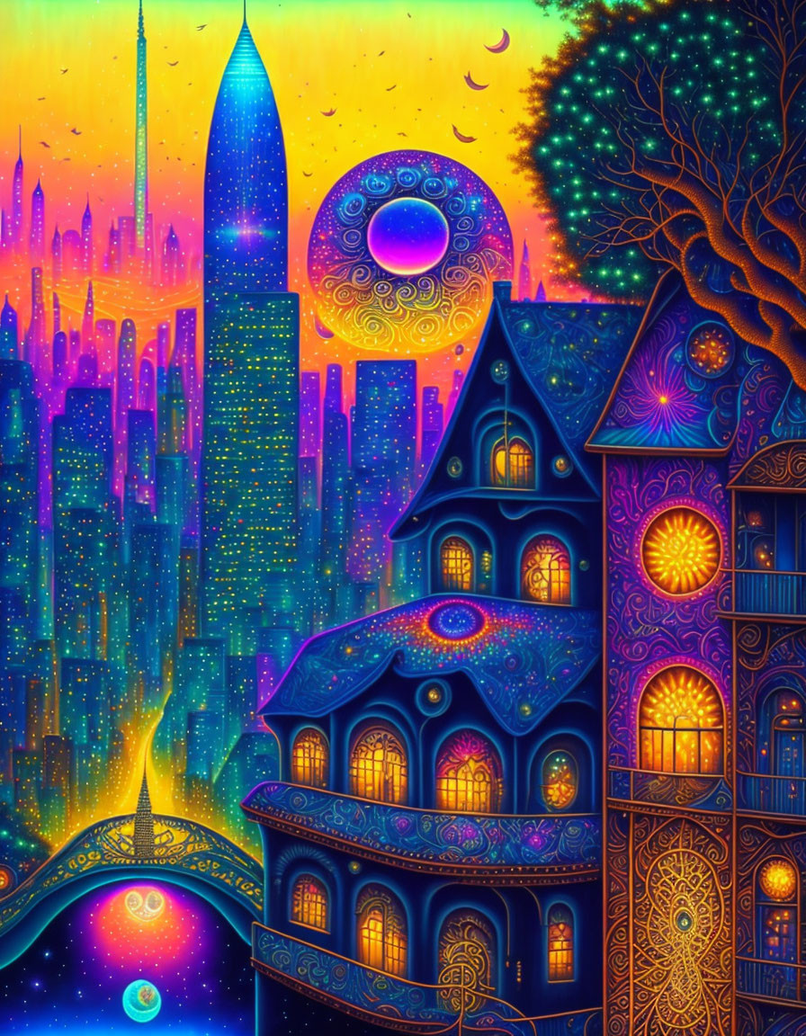 Colorful Psychedelic Cityscape with Whimsical Buildings under Starry Sky