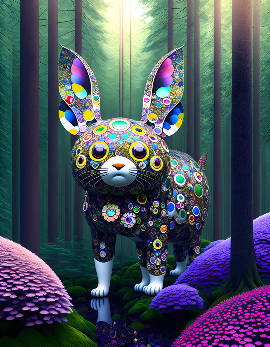 Colorful rabbit-like creature in mystical forest with light rays and mushrooms