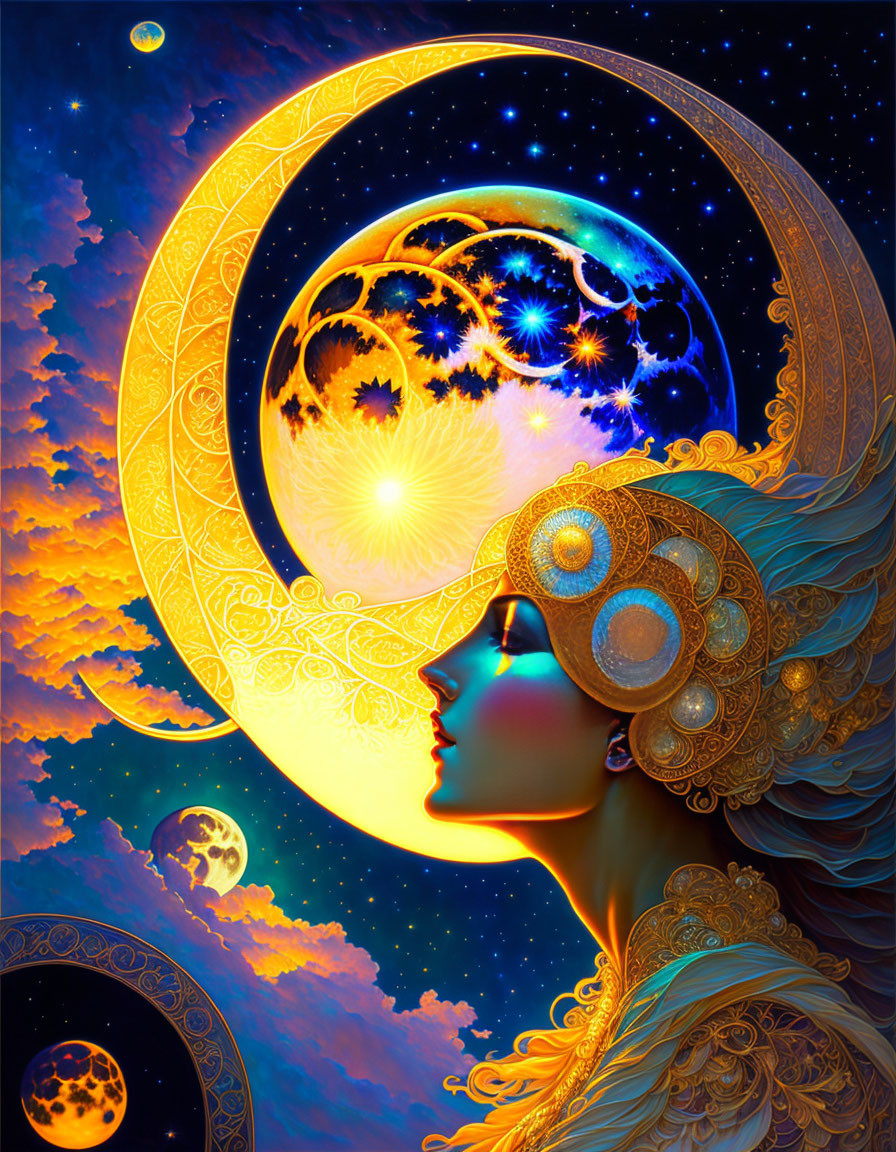 Vibrant digital artwork of a woman with celestial motifs