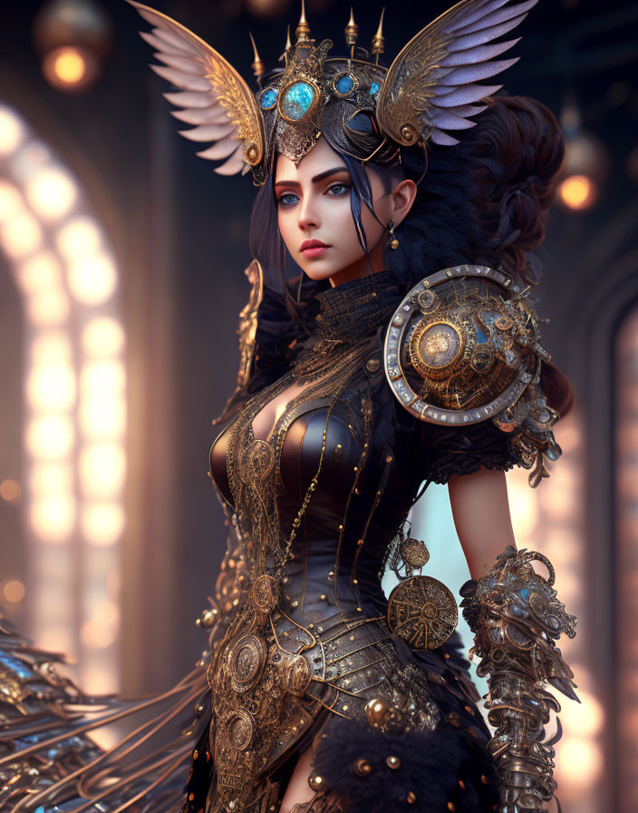 Fantasy digital artwork of a woman in ornate armor with metallic wings