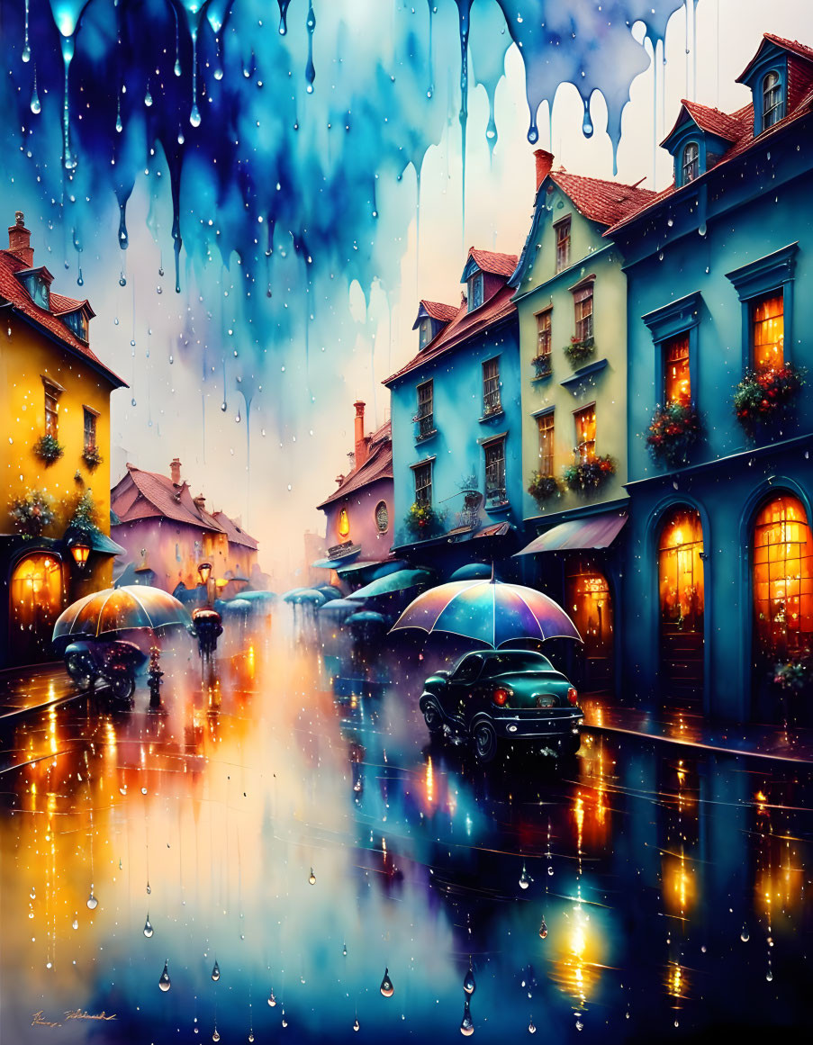 Rainy Evening Street Scene with Illuminated Buildings and Umbrella-Wielding People