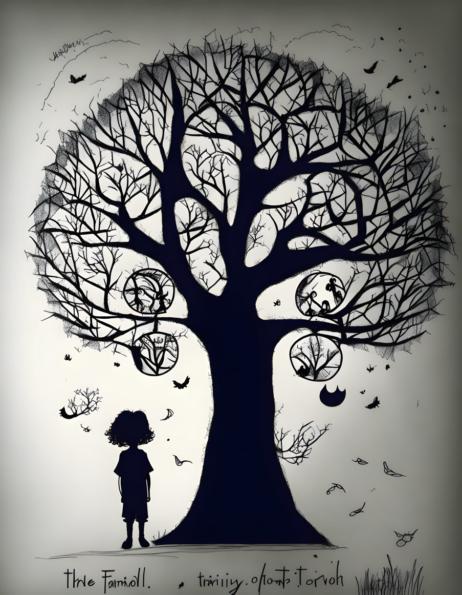 Child silhouette under intricate tree, surrounded by leaves, birds, and crescent moon