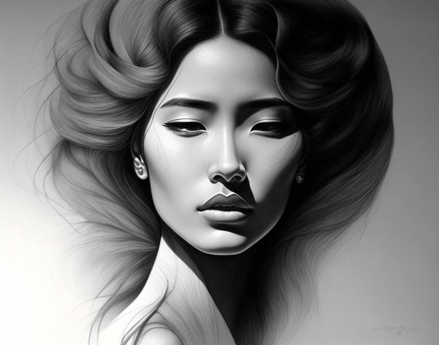 Monochrome digital portrait of a woman with voluminous wavy hair and serene expression