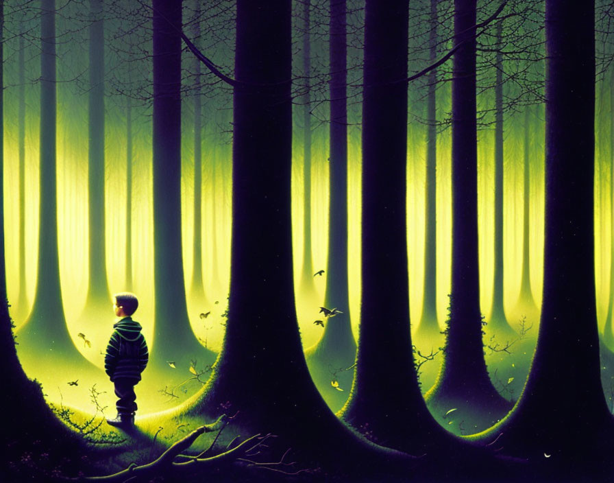 Mystical forest scene with solitary figure and butterflies