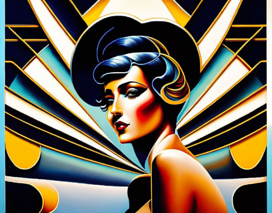 Art Deco Woman Illustration with Stylish Hat & Geometric Background