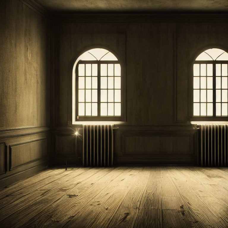 Sunlight through arched windows in empty room with wooden floors