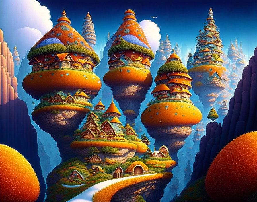 Whimsical landscape with towering mushroom-like structures