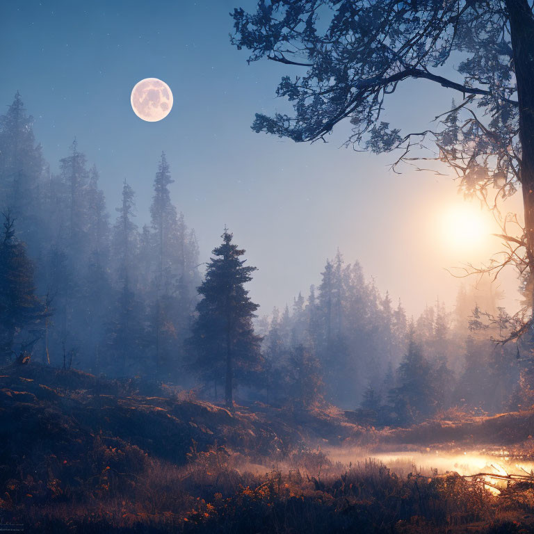 Tranquil night landscape with full moon and misty forest clearing