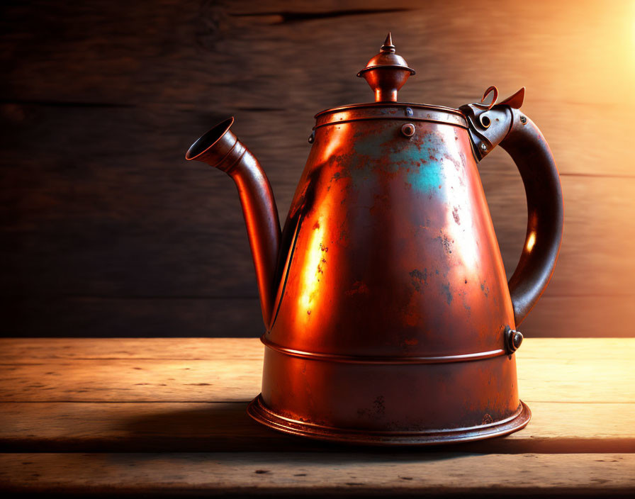 Aged copper kettle on wooden table in rustic setting