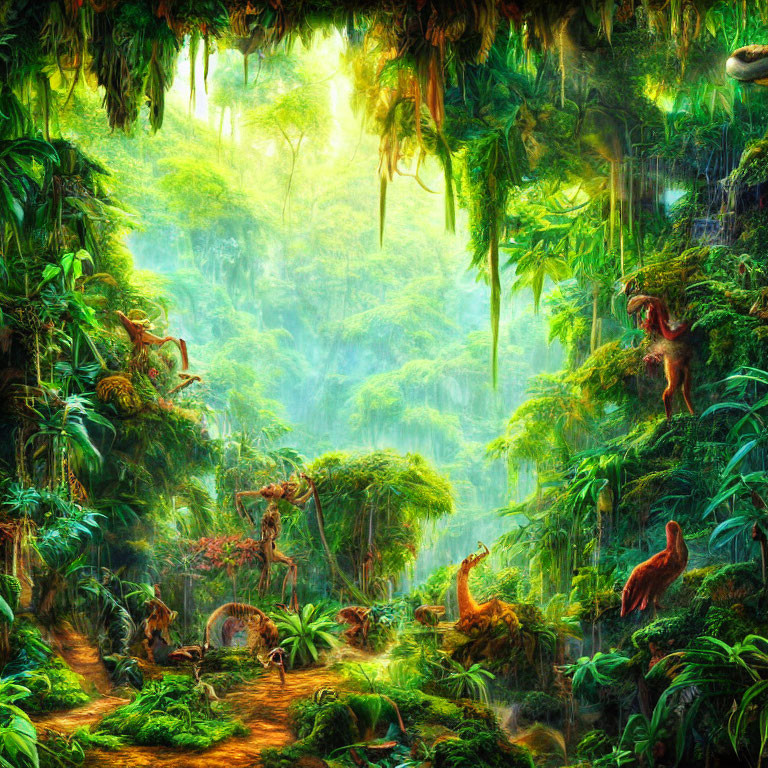 Vibrant Jungle Scene with Dinosaurs and Lush Foliage