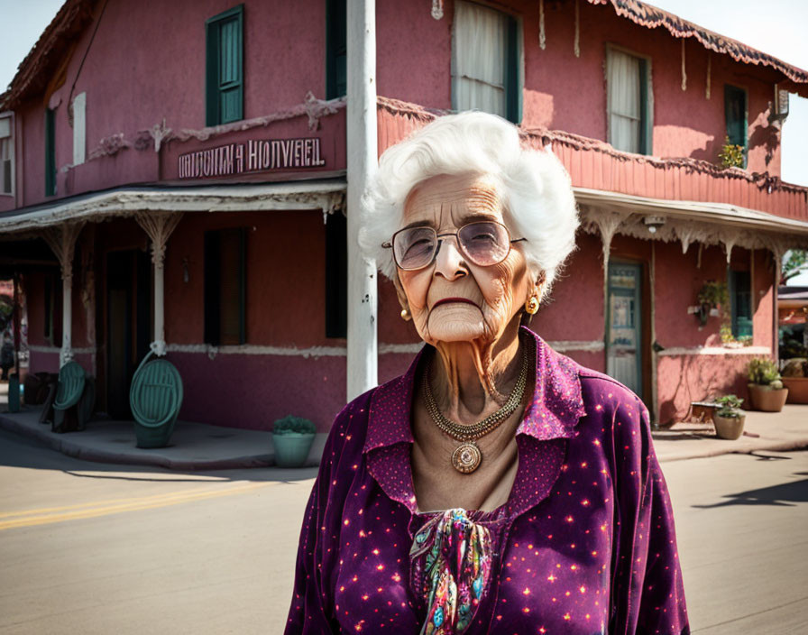 Elderly lady in purple blouse and glasses near adobe building