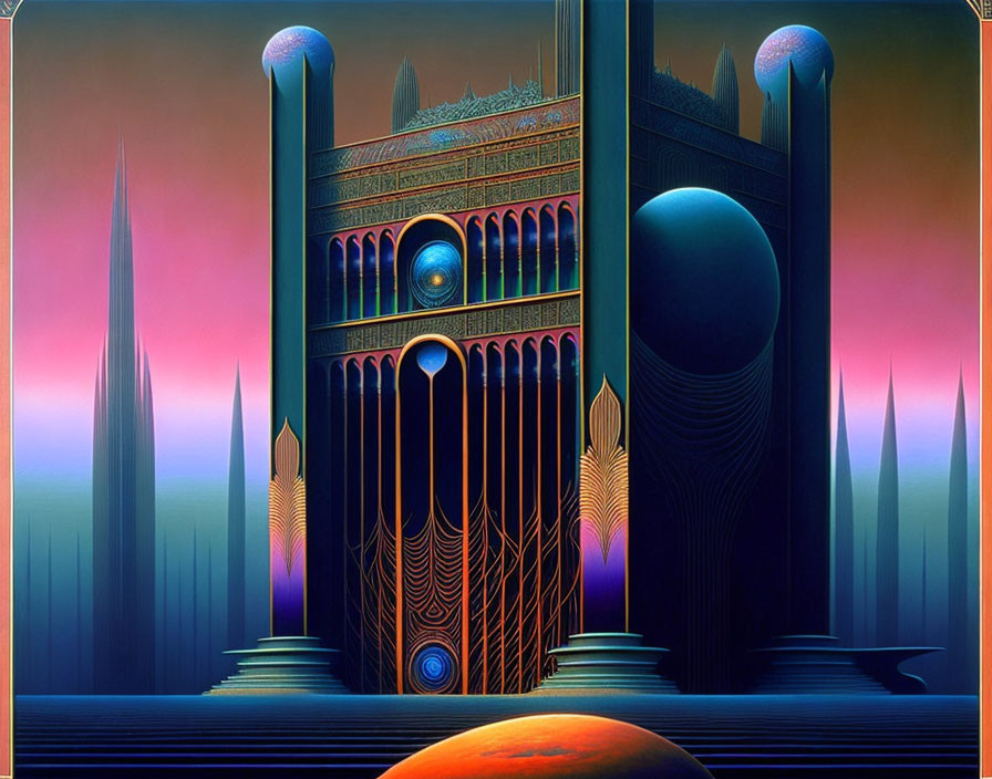 Alien palace with tall spires and intricate designs