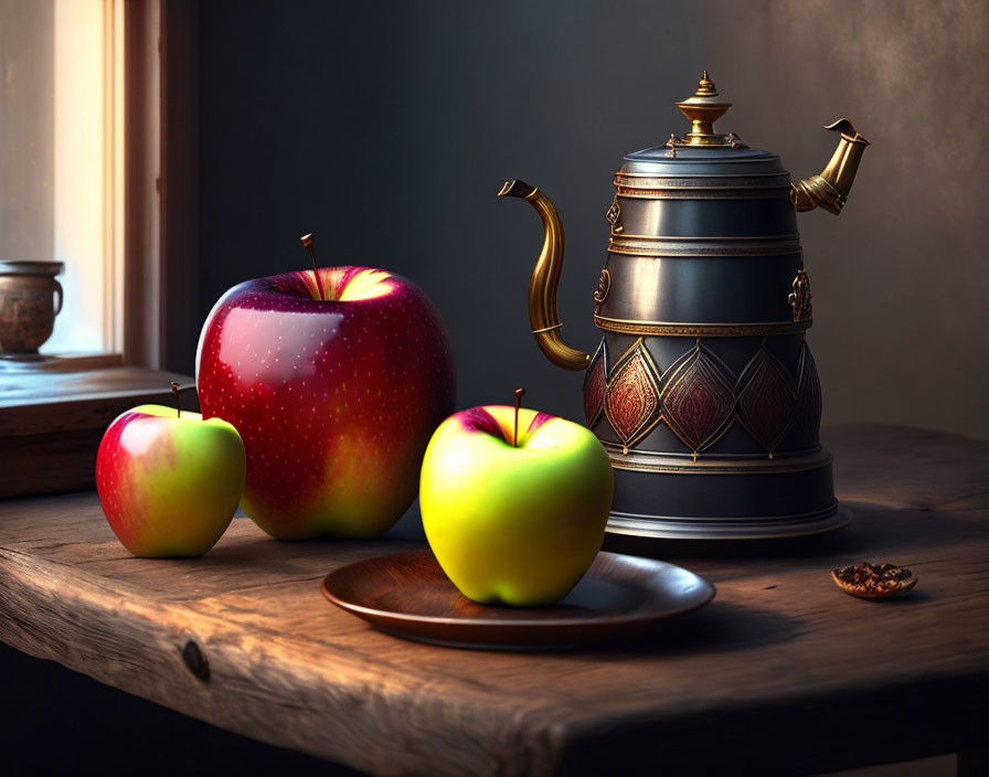 Fresh apples and teapot on wooden table in soft light