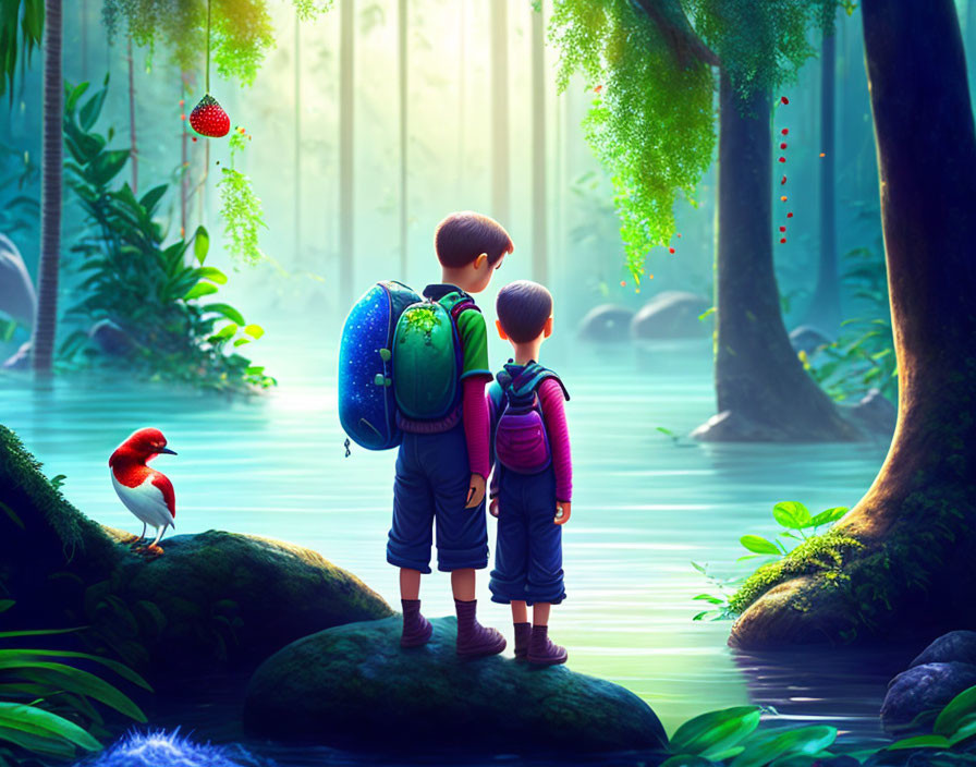 Children with backpacks gaze at mystical forest with colorful bird and sunlight.