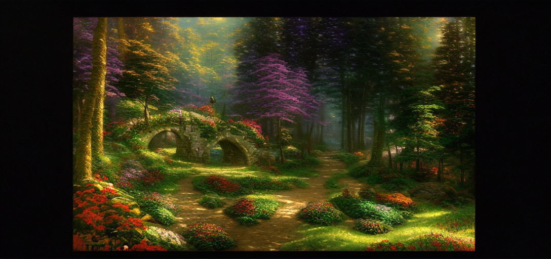 Tranquil forest path with flowers, stone bridge, and sunlight