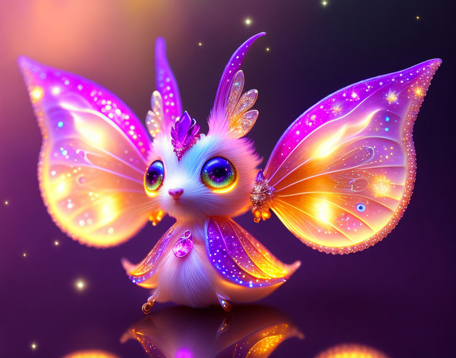 Fantastical creature: Fluffy kitten body, butterfly wings, purple backdrop