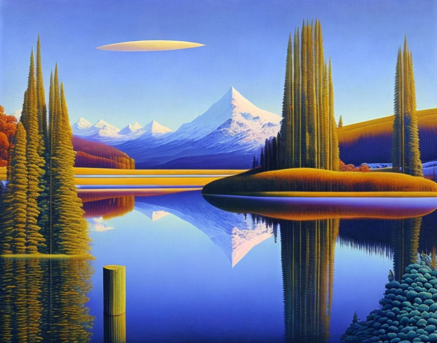 Symmetrical landscape with tall trees, mountains, and UFO in colorful scene