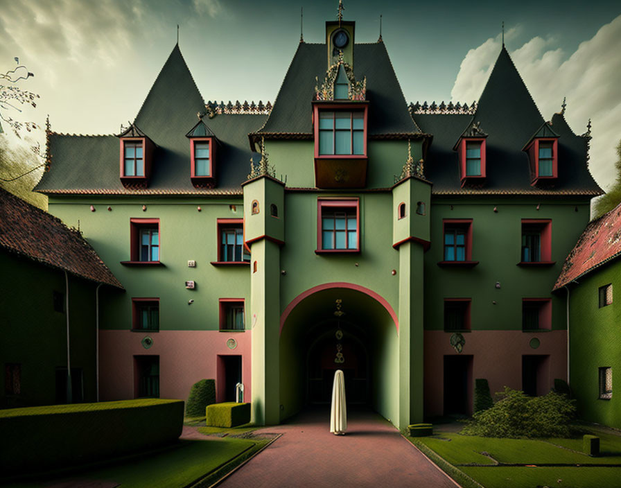 Eerie green castle with pointed roofs and Gothic windows, lone figure in white at entrance