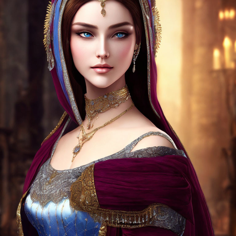 Digital Artwork of Woman in Luxurious Medieval Gown with Striking Blue Eyes