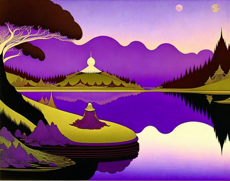 Colorful landscape painting with lake, mountains, pagoda, trees, and reflection