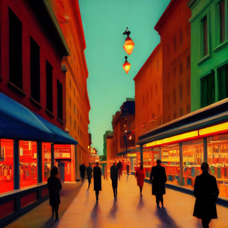 Impressionist-style painting of people on city street at dusk