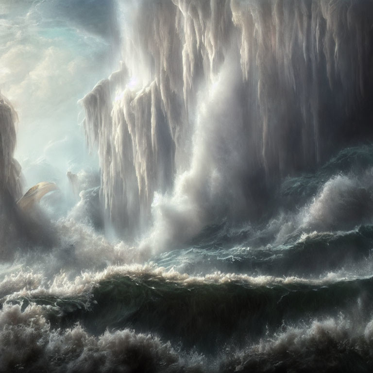 Powerful waterfall cascading in stormy seas under dramatic sky