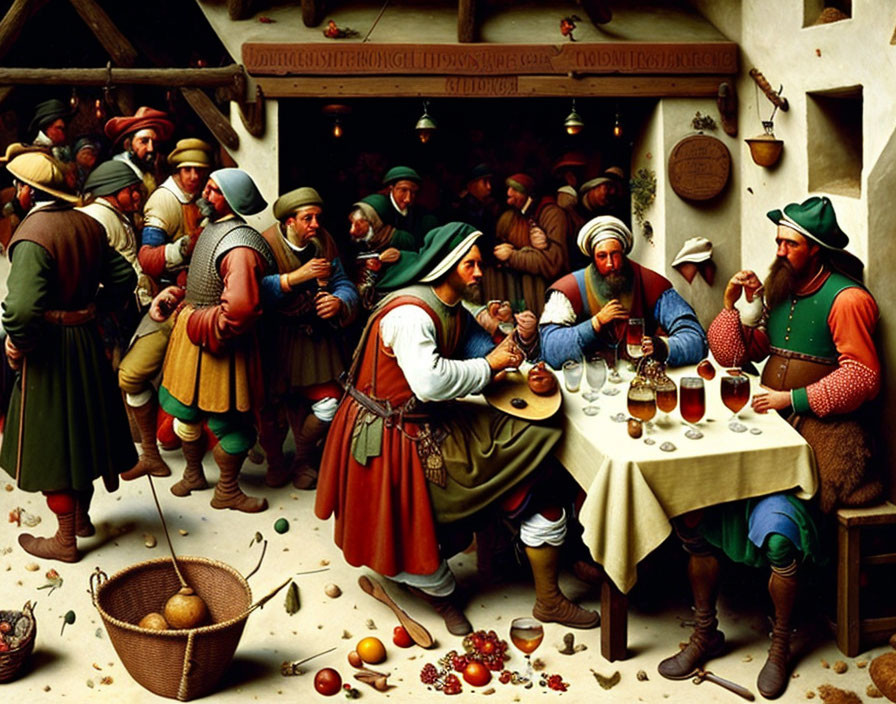 Historic tavern scene with people in attire eating and drinking