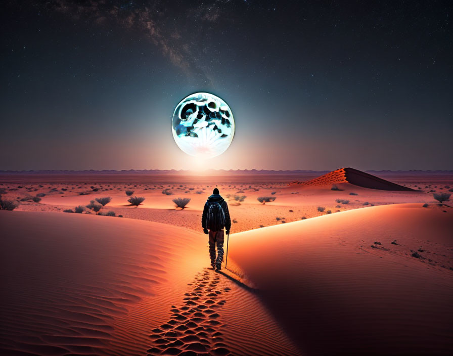 Person walking towards large skull-shaped moon in starlit desert