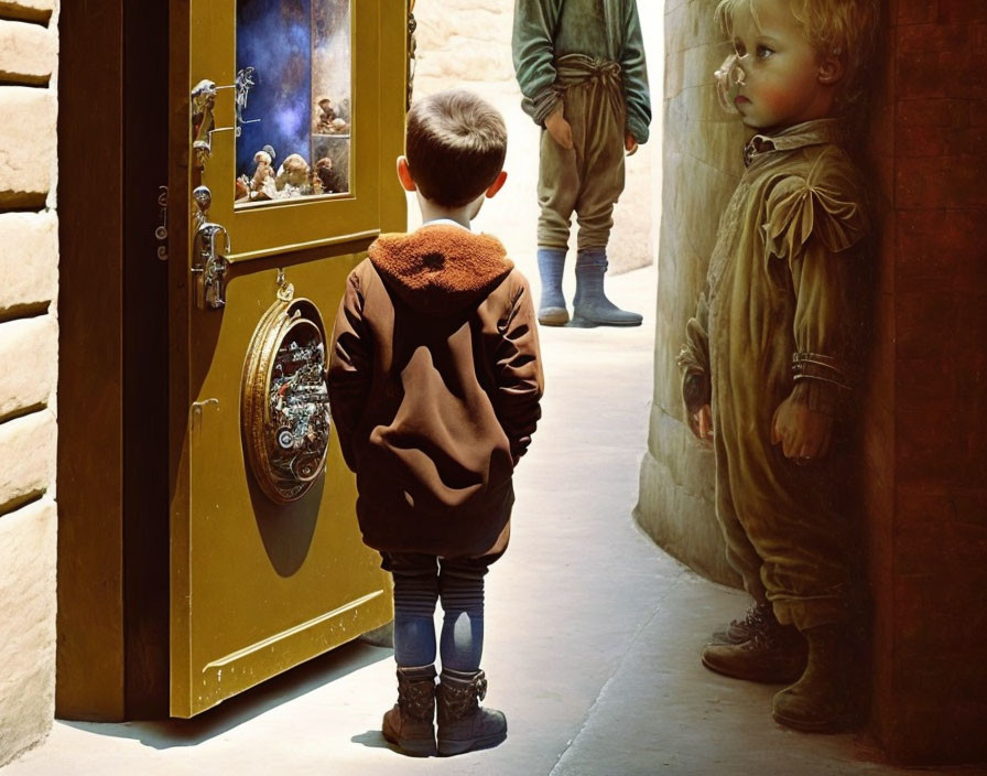 Child in brown jacket and jeans gazes at trinkets near yellow door, while another child looks